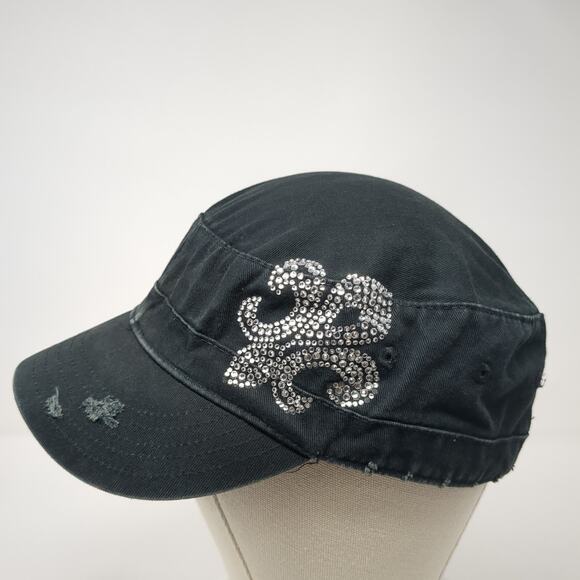 Fleur De Lis Strapback Cadet Army Cap Black One Size Adjustable Rhinestone Ha - Picture 3 of 9